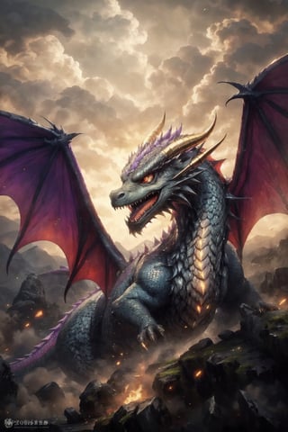 Generate hyper realistic DRAGON cub, Dragon cub made like the video game character Spyro, with dragon scales with a shiny purple and gold outline,  horns golden and two red wings,  it has four purple legs,  a charismatic personality,  a cunning look,  the dragon has the tip of its tail in the shape of a golden arrow,ULTEA REALISTIC,colorful,High detailed ,xxmixgirl