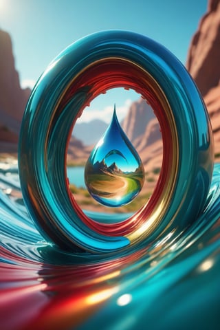 enigma, octane rendering, unreal engine, cinematic, hyperrealism, 16k, depth of field, bokeh. iridescent accents. vibrant. Stitch peering from a dimensional teardrop, Stitch emerging from a swirling vortex of blue, red, and green energy, casting an enigmatic shadow over the teal and gold landscape, Use Unreal Engine to create the dynamic portal effect and emphasize depth of field, ((1 Stitch character))