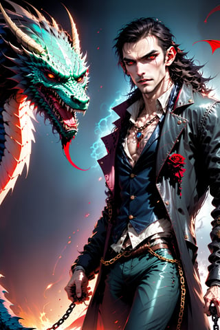a male aesthetic vampire from the Italian mafia taming an undead dragon with a whip and a chain,a man in a leather jacket and a scarf, with fangs, blood, a ring, a dragn with bones, scales, wings and fire, a whip and a chain, cool, realistic, detailed, 4k,DonMF43Dr4g0n 