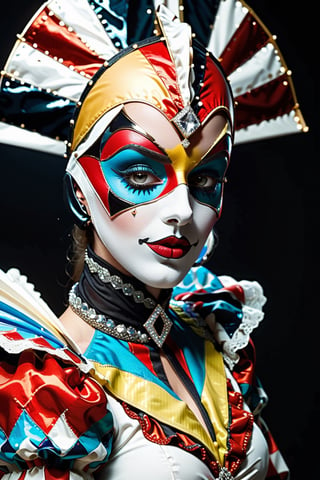 stylized harlequin woman (covers her nose and mouth with the closed fan, as if she were making a grimace) in 8k quality, the harlequin must show an attitude of humor and surprise, poses with the closed fan, a woman in a dress and a mask diamonds, romantic style, fine collar and hood, realistic and detailed, highlight the color of your eyes, The image must be high impact, the background must be dark and contrast with the harlequin figure, The image must have 8ky highDetail resolution ( full body), (artistic pose of a woman), Detailmaster2, close-up, RoadWreck_Simulator