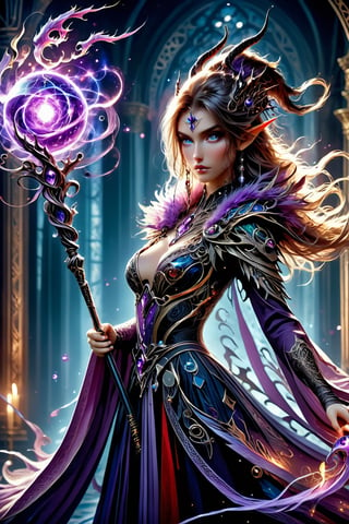 (masterpiece), Slender woman holds in her hand a dragon staff with natural lilac ostrich feathers, (highlights the figure and style of the dragon sorceress), the woman has an appearance of a powerful dragon sorceress, The image has a geometric art style, with simple shapes and solid colors, which give it an elegant and sober look, real and detailed, highlights the color of your eyes, the image must be high impact, the background must be dark and contrast with the figure of the girl, The image must have a high detail resolution of 8k, (full body), (artistic pose of a woman),Leonardo style,A dancing girl,Face makeup,DonMM4g1cXL,darkart,orbstaff,Dragon theme,gemsdragon