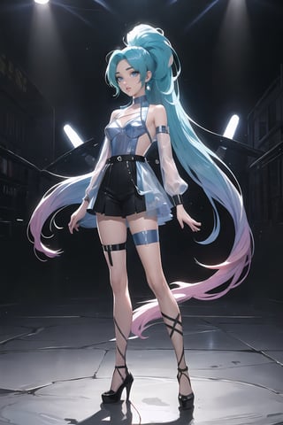 Full Body, standing, Allure Queen, Super Sexy, Stockings, GarterBelt, Blue Hair, PonyTail, Very Long Jet Ponytail, Far Plane, full body shoot, nice framing, ((Skinny)) (Super Skinny))

seraphine1, 1girl, solo, blue hair, very long hair, multicolored hair, jewelry, ponytail, blue eyes, earrings, two-tone hair, purple hair, 

💡 **Additional Enhancers:** ((High-Quality:1.0)), ((Aesthetic:0.5)), ((Masterpiece:0.45)), (Intricated_Details:0.25), [Dramatic Lightning],