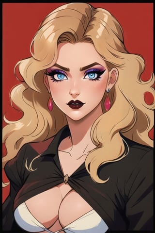 🏷️[Looking at the Viewer, MakeUp, close up, long hair, Upper Body, Earrings, Wavy Hair, Retro Artstyle, ((1980s \(style\))), Eyeshadow, Eyelashes, (((Glowing))), (Red Lips), Sky, blood, Simple Background, Breast, French Clivage]
🏷️[Baroque, Castlevania Style, Vampie, Goth, Dress]
🏷️[(Eris Etolia), Blonde long hair, Blue Eyes, Pale Skin]

((High-Quality)), ((Aesthetic)), ((Masterpiece)), (Intricate Details), Coherent Shape, (Stunning Illustration), Black, ,Goth Portrait, Masterpiece, Castlevania Lightning, Vampire, Portrait, Gothic Art,line,SD 1.5