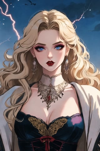 🏷️[Looking at the Viewer, MakeUp, close up, long hair, Upper Body, Earrings, Wavy Hair, Retro Artstyle, ((1980s \(style\))), Eyeshadow, Eyelashes, (((Glowing))), (Red Lips), Sky, blood, Simple Background, Breast, French Clivage]
🏷️[Baroque, Castlevania Style, Vampie, Goth, Dress]
🏷️[(Eris Etolia), Blonde long hair, Blue Eyes, Pale Skin]

((High-Quality)), ((Aesthetic)), ((Masterpiece)), (Intricate Details), Coherent Shape, (Stunning Illustration), Black, ,Goth Portrait, Masterpiece, Castlevania Lightning, Vampire, Portrait, Gothic Art