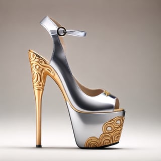 🏷️【neo-baroque_design】+【ornate_jeweled, golden_ornamental, intricated_golden_details, ornated_filigree_leaves】

Technical and formal description of a women's high-heeled platform sneaker: The image shows a women's high heel and platform sneaker with a contemporary and sophisticated design. The sneaker is made from high-end materials and features an impeccable finish.

Platform
The platform has a height of 5 centimeters, which provides a moderate height increase. The shape of the platform is rectangular with rounded edges, giving it an elegant and feminine look. The top surface of the platform is polished for a glossy and reflective finish, giving it a luxurious and sophisticated look. The bottom surface of the platform has a rough texture to provide traction and prevent slipping.

The material used for the platform is a high-density thermoplastic polymer (PTD). PTD is a tough, durable material that is easy to clean. In addition, PTD is a lightweight material, which helps make the shoe comfortable to wear.

Heel
The heel has a height of 15 centimeters, which provides a significant height increase. The shape of the heel is stiletto, which gives it a sleek and sophisticated look. The heel is made of a high quality metal alloy (AMHC). AMHC is a tough and durable material that is capable of withstanding heavy loads. In addition, AMHC is a lightweight material, which helps make the heel more comfortable to wear.

The heel features an embossed floral design, made using a high-precision embossing process. The floral design is composed of a series of stylized flowers that run the entire length of the heel. The floral design is hand-painted with metallic pigments, giving it a luxurious and sophisticated look.

Upper
The upper of the sneaker is made from a highly flexible and resilient synthetic polymer (PSFR). PSFR is a tough and durable material that is capable of withstanding heavy loads. In addition, PSFR is a lightweight material, which helps make the shoe more comfortable to wear.

The front of the shoe is open, leaving the toes exposed. The back of the shoe has a buckle closure at the ankle, allowing for a customized fit. The buckle closure is made of genuine leather, giving it a luxurious and sophisticated look.