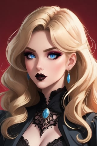 🏷️[Looking at the Viewer, MakeUp, close up, long hair, Upper Body, Earrings, Wavy Hair, Retro Artstyle, ((1980s \(style\))), Eyeshadow, Eyelashes, (((Glowing))), (Red Lips), Sky, blood, Simple Background, Breast, French Clivage]
🏷️[Baroque, Castlevania Style, Vampie, Goth, Dress]
🏷️[(Eris Etolia), Blonde long hair, Blue Eyes, Pale Skin]

((High-Quality)), ((Aesthetic)), ((Masterpiece)), (Intricate Details), Coherent Shape, (Stunning Illustration), Black, ,Goth Portrait, Masterpiece, Castlevania Lightning, Vampire, Portrait, Gothic Art,line,SD 1.5,girl