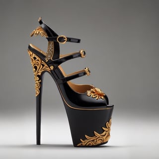 🏷️【neo-baroque_design】+【ornate_jeweled, golden_ornamental, intricated_golden_details, ornated_filigree_leaves】

Technical and formal description of a women's high-heeled platform sneaker.

The image shows a women's high heel and platform sneaker with a contemporary and sophisticated design. The sneaker is made from high-end materials and features an impeccable finish.

Platform

The platform has a height of 5 centimeters, which provides a moderate height increase. The shape of the platform is rectangular with rounded edges, giving it an elegant and feminine look. The top surface of the platform is polished for a glossy and reflective finish, giving it a luxurious and sophisticated look. The bottom surface of the platform has a rough texture to provide traction and prevent slipping.

The material used for the platform is a high-density thermoplastic polymer (PTD). PTD is a tough, durable material that is easy to clean. In addition, PTD is a lightweight material, which helps make the shoe comfortable to wear.

Heel

The heel has a height of 15 centimeters, which provides a significant height increase. The shape of the heel is stiletto, which gives it a sleek and sophisticated look. The heel is made of a high quality metal alloy (AMHC). AMHC is a tough and durable material that is capable of withstanding heavy loads. In addition, AMHC is a lightweight material, which helps make the heel more comfortable to wear.

The heel features an embossed floral design, made using a high-precision embossing process. The floral design is composed of a series of stylized flowers that run the entire length of the heel. The floral design is hand-painted with metallic pigments, giving it a luxurious and sophisticated look.

Upper

The upper of the sneaker is made from a highly flexible and resilient synthetic polymer (PSFR). PSFR is a tough and durable material that is capable of withstanding heavy loads. In addition, PSFR is a lightweight material, which helps make the shoe more comfortable to wear.

The front of the shoe is open, leaving the toes exposed. The back of the shoe has a buckle closure at the ankle, allowing for a customized fit. The buckle closure is made of genuine leather, giving it a luxurious and sophisticated look.