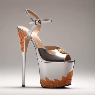 🏷️【neo-baroque_design】+【ornate_jeweled, golden_ornamental, intricated_golden_details, ornated_filigree_leaves】

Technical and formal description of a women's high-heeled platform sneaker: The image shows a women's high heel and platform sneaker with a contemporary and sophisticated design. The sneaker is made from high-end materials and features an impeccable finish.

Platform
The platform has a height of 5 centimeters, which provides a moderate height increase. The shape of the platform is rectangular with rounded edges, giving it an elegant and feminine look. The top surface of the platform is polished for a glossy and reflective finish, giving it a luxurious and sophisticated look. The bottom surface of the platform has a rough texture to provide traction and prevent slipping.

The material used for the platform is a high-density thermoplastic polymer (PTD). PTD is a tough, durable material that is easy to clean. In addition, PTD is a lightweight material, which helps make the shoe comfortable to wear.

Heel
The heel has a height of 15 centimeters, which provides a significant height increase. The shape of the heel is stiletto, which gives it a sleek and sophisticated look. The heel is made of a high quality metal alloy (AMHC). AMHC is a tough and durable material that is capable of withstanding heavy loads. In addition, AMHC is a lightweight material, which helps make the heel more comfortable to wear.

The heel features an embossed floral design, made using a high-precision embossing process. The floral design is composed of a series of stylized flowers that run the entire length of the heel. The floral design is hand-painted with metallic pigments, giving it a luxurious and sophisticated look.

Upper
The upper of the sneaker is made from a highly flexible and resilient synthetic polymer (PSFR). PSFR is a tough and durable material that is capable of withstanding heavy loads. In addition, PSFR is a lightweight material, which helps make the shoe more comfortable to wear.

The front of the shoe is open, leaving the toes exposed. The back of the shoe has a buckle closure at the ankle, allowing for a customized fit. The buckle closure is made of genuine leather, giving it a luxurious and sophisticated look.