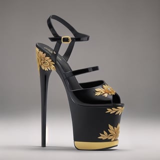 🏷️【neo-baroque_design】+【ornate_jeweled, golden_ornamental, intricated_golden_details, ornated_filigree_leaves】

Technical and formal description of a women's high-heeled platform sneaker.

The image shows a women's high heel and platform sneaker with a contemporary and sophisticated design. The sneaker is made from high-end materials and features an impeccable finish.

Platform

The platform has a height of 5 centimeters, which provides a moderate height increase. The shape of the platform is rectangular with rounded edges, giving it an elegant and feminine look. The top surface of the platform is polished for a glossy and reflective finish, giving it a luxurious and sophisticated look. The bottom surface of the platform has a rough texture to provide traction and prevent slipping.

The material used for the platform is a high-density thermoplastic polymer (PTD). PTD is a tough, durable material that is easy to clean. In addition, PTD is a lightweight material, which helps make the shoe comfortable to wear.

Heel

The heel has a height of 15 centimeters, which provides a significant height increase. The shape of the heel is stiletto, which gives it a sleek and sophisticated look. The heel is made of a high quality metal alloy (AMHC). AMHC is a tough and durable material that is capable of withstanding heavy loads. In addition, AMHC is a lightweight material, which helps make the heel more comfortable to wear.

The heel features an embossed floral design, made using a high-precision embossing process. The floral design is composed of a series of stylized flowers that run the entire length of the heel. The floral design is hand-painted with metallic pigments, giving it a luxurious and sophisticated look.

Upper

The upper of the sneaker is made from a highly flexible and resilient synthetic polymer (PSFR). PSFR is a tough and durable material that is capable of withstanding heavy loads. In addition, PSFR is a lightweight material, which helps make the shoe more comfortable to wear.

The front of the shoe is open, leaving the toes exposed. The back of the shoe has a buckle closure at the ankle, allowing for a customized fit. The buckle closure is made of genuine leather, giving it a luxurious and sophisticated look.