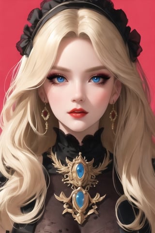 🏷️[Looking at the Viewer, MakeUp, close up, long hair, Upper Body, Earrings, Wavy Hair, Retro Artstyle, ((1980s \(style\))), Eyeshadow, Eyelashes, (((Glowing))), (Red Lips), Sky, blood, Simple Background, Breast, French Clivage]
🏷️[Baroque, Castlevania Style, Vampie, Goth, Dress]
🏷️[(Eris Etolia), Blonde long hair, Blue Eyes, Pale Skin]

((High-Quality)), ((Aesthetic)), ((Masterpiece)), (Intricate Details), Coherent Shape, (Stunning Illustration), Black, ,Goth Portrait, Masterpiece, Castlevania Lightning, Vampire, Portrait, Gothic Art,line,SD 1.5,girl