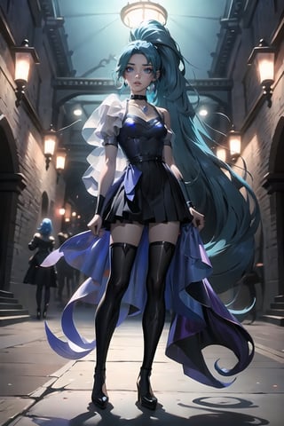 (Full Body Photoshoot) (Standing pose), (Very_Long Jet_Ponytail), (Nice_Framing), ((Skinny)) ((SuperSkinny)) Very nice Background, lights and neon enviroment. The image is a splah art of league of legends.

seraphine1, 1girl, solo, blue hair, k/da \(league of legends\), very long hair, multicolored hair, jewelry, ponytail, blue eyes, earrings, dress, black choker, two-tone hair, purple hair, black thighhighs, bracelet, black skirt, crystal 

💡 **Additional Enhancers:** ((High-Quality:1.0)), ((Aesthetic:0.5)), ((Masterpiece:0.45)), (Intricated_Details:0.25), [Dramatic Lightning], (DonMF41ryW1ng5), ((Castlevania Lightning)),DonMF41ryW1ng5,Castlevania Lightning