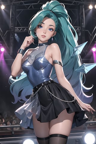 Blue Hair, PonyTail, Very Long Jet Ponytail, In a stage, scenary concert, she's a Singer in middle of her act. Stage, Scenary, Far Plane, full body shoot, nice framing, 

Create an exquisitely erotic and provocative image featuring Seraphine from League of Legends, embracing her role as a confidently empowered "Super Whore (Star)." Picture her in a state of captivating ecstasy, radiating unapologetic sensuality with an artistic flair. Envision Seraphine adorned in an avant-garde K/DA outfit, carefully designed to emphasize her curves and celebrate her uninhibited allure.

Capture her sultry gaze, enhanced by striking accessories such as alluring earrings, a teasing black choker, and any other elements that contribute to her empowered and erotic persona. Infuse the image with a tasteful blend of eroticism and artistic creativity, celebrating Seraphine's uninhibited sensuality in a way that she can be proud of. 

Erotic, Sensual, Seductive, Confident, Provocative, Playful, Happy, Uninhibited, Celebratory, Sultry, Blissful, Alluring, Intense Passion, seraphine1, 1girl, solo, blue hair, k/da \(league of legends\), very long hair, multicolored hair, jewelry, ponytail, blue eyes, earrings, dress, black choker, two-tone hair, purple hair, black thighhighs, bracelet, black skirt, crystal

💡 **Additional Enhancers:** ((High-Quality)), ((Aesthetic)), ((Masterpiece)), (Intricate Details), Coherent Shape, (Stunning Illustration), [Dramatic Lightning],