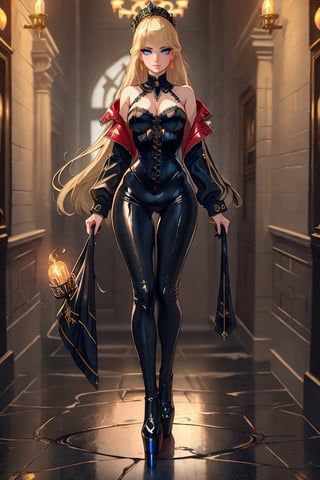 In the dimly lit corridors of the imperial palace, Blonde, Empress Eris Etolia strides confidently, her casual attire belying her powerful presence. She wears a sleek black jumpsuit, adorned with intricate silver trimming that catches the flickering candlelight. The fabric clings to her curves, emphasizing her toned physique. Her heeled  black loafers click against the stone floor, their height augmenting her already commanding presence. A matching black leather jacket hangs off her shoulders, completing the outfit's rebellious, avant-garde vibe. The atmosphere is heavy with anticipation, as if the Empress is about to unleash a dark and mysterious power.

🏷️ Masterpiece, Gothic Art, Castlevania Lightning, Eyeliner
🏷️【White Corset, teenager Empress, Alluring Expresion, 】
🏷️【blue eyes, tall girl】
🏷️【Full-Body Shoot, Standing, Black Platforms, Black/redc high heels, thing legs, narrow hips, perfect long legs, perfect skinny legs, perfect standing, heels on the ground, high pumps, platform pumps,】
