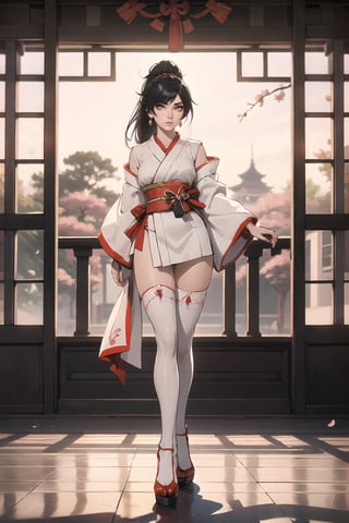 DOAMomiji(Black Hair, Long Ponytail, Hazel Eyes).

(Sensual Art) (Traditional Yet Modern) (Shrine Maiden) (Provocative Twist) (High Fashion) (Ethereal Beauty)

In the serene ambiance of the Shrine of the Dragon, Momiji, the revered guardian, embodies a captivating fusion of tradition and modern allure. Draped in a traditional miko ensemble, her kimono, adorned with intricate dragon and cherry blossom motifs, hints at mysteries yet to unfold.

(Tight High Socks) (White Stockings) (High Heels)

Emphasizing her slender legs, Momiji wears tight high socks or white stockings, daring departures from tradition that add a provocative twist to her attire. To elevate her presence further, she dons platform high heels, seamlessly blending high fashion with the timeless elegance of her ensemble.

💡 **Additional Enhancers:** ((High-Quality)), ((Aesthetic)), ((Masterpiece)), (Intricate Details), Coherent Shape, (Stunning Illustration), [Dramatic Lightning],midjourney,