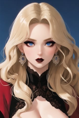 🏷️[Looking at the Viewer, MakeUp, close up, long hair, Upper Body, Earrings, Wavy Hair, Retro Artstyle, ((1980s \(style\))), Eyeshadow, Eyelashes, (((Glowing))), (Red Lips), Sky, blood, Simple Background, Breast, French Clivage]
🏷️[Baroque, Castlevania Style, Vampie, Goth, Dress]
🏷️[(Eris Etolia), Blonde long hair, Blue Eyes, Pale Skin]

((High-Quality)), ((Aesthetic)), ((Masterpiece)), (Intricate Details), Coherent Shape, (Stunning Illustration), Black, ,Goth Portrait, Masterpiece, Castlevania Lightning, Vampire, Portrait, Gothic Art,line,SD 1.5,girl,nsfw,photorealistic,Pixel art,1guy,ghibli,Girl,artistic oil painting stick