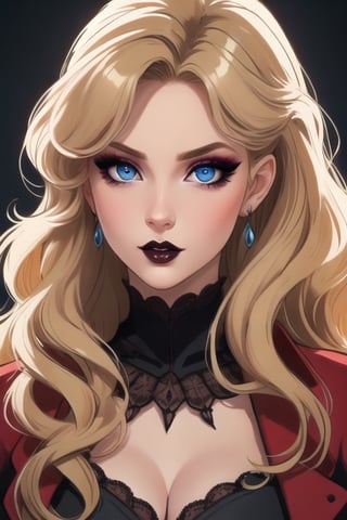 🏷️[Looking at the Viewer, MakeUp, close up, long hair, Upper Body, Earrings, Wavy Hair, Retro Artstyle, ((1980s \(style\))), Eyeshadow, Eyelashes, (((Glowing))), (Red Lips), Sky, blood, Simple Background, Breast, French Clivage]
🏷️[Baroque, Castlevania Style, Vampie, Goth, Dress]
🏷️[(Eris Etolia), Blonde long hair, Blue Eyes, Pale Skin]

((High-Quality)), ((Aesthetic)), ((Masterpiece)), (Intricate Details), Coherent Shape, (Stunning Illustration), Black, ,Goth Portrait, Masterpiece, Castlevania Lightning, Vampire, Portrait, Gothic Art,line,SD 1.5