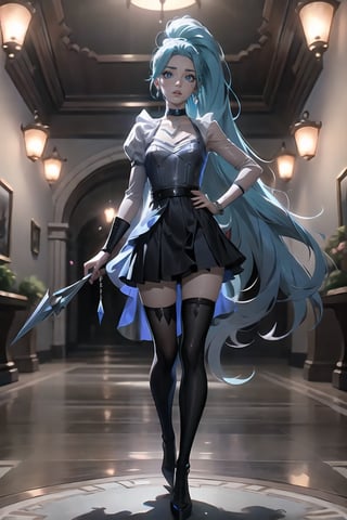 (Full Body Photoshoot) (Standing pose), (Very_Long Jet_Ponytail), (Nice_Framing), ((Skinny)) ((SuperSkinny)) Very nice Background, lights and neon enviroment. The image is a splah art of league of legends.

seraphine1, 1girl, solo, blue hair, k/da \(league of legends\), very long hair, multicolored hair, jewelry, ponytail, blue eyes, earrings, dress, black choker, two-tone hair, purple hair, black thighhighs, bracelet, black skirt, crystal 

💡 **Additional Enhancers:** ((High-Quality:1.0)), ((Aesthetic:0.5)), ((Masterpiece:0.45)), (Intricated_Details:0.25), [Dramatic Lightning], (DonMF41ryW1ng5), ((Castlevania Lightning)),DonMF41ryW1ng5,Castlevania Lightning