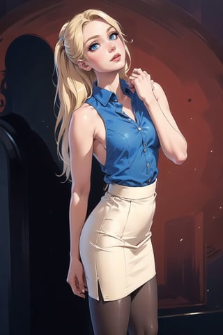 ((Blonde brat, single ponytail,)) ((Teenager)) ((High school Girl)) ((((skinny)))) ((Schoolar unform)) ((SFW)), She’s student called ErisEtolia a ((princess)),  Fitted Blazer: Tailored blazers with a more fitted silhouette, emphasizing the waistline and creating an hourglass figure. Shortened Skirt Length (tights): Uniform skirts modified to be shorter, accentuating the legs and drawing attention to the wearer's lower body.
 V-Neck Blouse: Blouses with a V-neck design to highlight the neckline and draw attention to the chest área (SFW).
Footwear is heeled loafers, overall enhanced aesthetic, heeled loafers.

🏷️【Elegant, Blonde ponytail, Blue Eyes,Tall, very tall, long legs, tight legs, thing legs, narrow hips, Masterpiece, Gothic Art, Eyeliner, Blonde, 】
💡 **Additional Enhancers:** ((High-Quality)), (Professional Painting), ((Aesthetic)), ((Masterpiece)), (Intricate Details), Real Shadows, Perfect Face, Coherent Shape, (Stunning Illustration), [Dramatic Lightning] , sophisticated_style, skinny brat, ((perfect, hand , fingers))