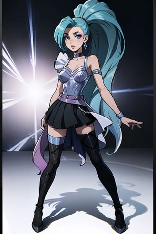 Full Body, standing, Allure Queen, Super Sexy, Stockings, GarterBelt, Blue Hair, PonyTail, Very Long Jet Ponytail, Far Plane, full body shoot, nice framing, ((Skinny)) (Super Skinny))

seraphine1, 1girl, solo, blue hair, k/da \(league of legends\), very long hair, multicolored hair, jewelry, ponytail, blue eyes, earrings, dress, black choker, two-tone hair, purple hair, black thighhighs, bracelet, black skirt, crystal 

💡 **Additional Enhancers:** ((High-Quality:1.0)), ((Aesthetic:0.5)), ((Masterpiece:0.45)), (Intricated_Details:0.25), [Dramatic Lightning],girl,realistic