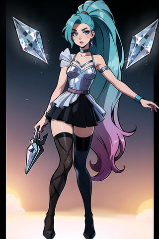 Full Body, standing, Allure Queen, Super Sexy, Stockings, GarterBelt, Blue Hair, PonyTail, Very Long Jet Ponytail, Far Plane, full body shoot, nice framing, ((Skinny)) (Super Skinny))

seraphine1, 1girl, solo, blue hair, k/da \(league of legends\), very long hair, multicolored hair, jewelry, ponytail, blue eyes, earrings, dress, black choker, two-tone hair, purple hair, black thighhighs, bracelet, black skirt, crystal 

💡 **Additional Enhancers:** ((High-Quality:1.0)), ((Aesthetic:0.5)), ((Masterpiece:0.45)), (Intricated_Details:0.25), [Dramatic Lightning],girl,realistic