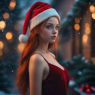 the most beautiful girl face,max love, max pasion ,  realism, masterpiece, award winning photo, 16 year old, she looks younger than she is,  blueish eyes, bits her lips ,russian emo rebel redhead,max love, max pasion, looking ahead,    , small nose, upper half body,big tits,  ponytail,    christmas, bokeh, santa hat, santa dress