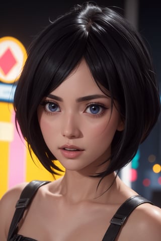 masterpiece, best quality, (detailed background), (beautiful detailed face, beautiful detailed eyes), absurdres, highres, ultra detailed, masterpiece, best quality, detailed eyes, blue_eyes, black hair, alluring, open mouth, neck bone, at the city , midnight, cyberpunk scene, neon lights, lightning, light particles, electric, dj theme, synthwave theme, (bokeh:1.1), depth of field, looking_at_viewer, pov_eye_contact, black hair, fair complexion, pink lips, kinki, light skin, several strands of hair always hanging between her eyes, purple iris, wearing  fingerless white tekkō, bob haircut