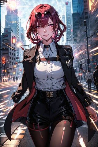 guiltys, angry, a girl, white eyes, red hair, fighting, upper body, (bokeh:1.1), depth of field, by Akihiko Yoshida, tracers, vfx, splashes, lightning, light particles, city background, masterpiece, best quality, (detailed background), (beautiful detailed face, beautiful detailed eyes), absurdres, highres, ultra detailed, masterpiece, best quality, detailed eyes, Kafka(hsr), collared shirt, cowboy shot, simple background, shorts, sunglasses, eyewear on head, solo, pantyhose, black shorts, coat, long sleeves, smirk, upper_body