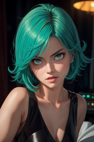 masterpiece, best quality, (detailed background), (beautiful detailed face, beautiful detailed eyes), absurdres, highres, ultra detailed, masterpiece, best quality, detailed eyes, green_eyes, green hair, alluring, open mouth, neck bone, at the bed room, midnight, cyberpunk scene, neon lights, lightning, light particles, electric, dj theme, synthwave theme, (bokeh:1.1), depth of field, looking_at_viewer, pov_eye_contact, green hair, fair complexion, pink lips, kinki, frown, pouty, black thight dress, blushing, smirk