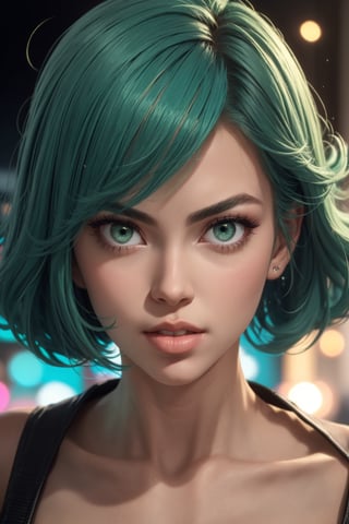 masterpiece, best quality, (detailed background), (beautiful detailed face, beautiful detailed eyes), absurdres, highres, ultra detailed, masterpiece, best quality, detailed eyes, green_eyes, green hair, alluring, open mouth, neck bone, at the bed room, midnight, cyberpunk scene, neon lights, lightning, light particles, electric, dj theme, synthwave theme, (bokeh:1.1), depth of field, looking_at_viewer, pov_eye_contact, green hair, fair complexion, pink lips, kinki, erotic