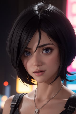 masterpiece, best quality, (detailed background), (beautiful detailed face, beautiful detailed eyes), absurdres, highres, ultra detailed, masterpiece, best quality, detailed eyes, blue_eyes, black hair, alluring, closed mouth, neck bone, at the city , midnight, cyberpunk scene, neon lights, lightning, light particles, electric, dj theme, synthwave theme, (bokeh:1.1), depth of field, looking_at_viewer, pov_eye_contact, black hair, fair complexion, pink lips, kinki, light skin, several strands of hair always hanging between her eyes, purple iris, wearing Shihakusho , bob haircut, smirk, kinki