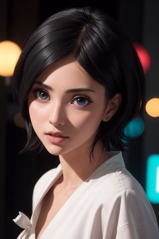 masterpiece, best quality, (detailed background), (beautiful detailed face, beautiful detailed eyes), absurdres, highres, ultra detailed, masterpiece, best quality, detailed eyes, blue_eyes, black hair, alluring, closed mouth, neck bone, at the city , midnight, cyberpunk scene, neon lights, lightning, light particles, electric, dj theme, synthwave theme, (bokeh:1.1), depth of field, looking_at_viewer, pov_eye_contact, black hair, fair complexion, pink lips, kinki, light skin, several strands of hair always hanging between her eyes, purple iris, wearing Shihakusho is composed of a white shitagi, a black kosode, a black hakama, a white hakama-himo, white tabi and waraji  , bob haircut, smirk, kinki, model pose