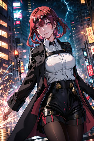 guiltys, angry, a girl, white eyes, red hair, fighting, upper body, (bokeh:1.1), depth of field, by Akihiko Yoshida, tracers, vfx, splashes, lightning, light particles, city background, masterpiece, best quality, (detailed background), (beautiful detailed face, beautiful detailed eyes), absurdres, highres, ultra detailed, masterpiece, best quality, detailed eyes, Kafka(hsr), collared shirt, cowboy shot, simple background, shorts, sunglasses, eyewear on head, solo, pantyhose, black shorts, coat, long sleeves, smirk, upper_body