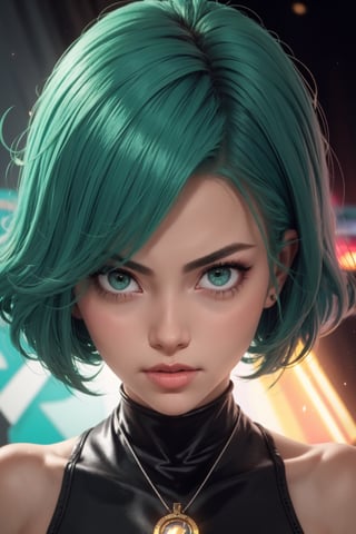 masterpiece, best quality, (detailed background), (beautiful detailed face, beautiful detailed eyes), absurdres, highres, ultra detailed, masterpiece, best quality, detailed eyes, green_eyes, green hair, alluring, open mouth, neck bone, at the bed room, midnight, cyberpunk scene, neon lights, lightning, light particles, electric, dj theme, synthwave theme, (bokeh:1.1), depth of field, looking_at_viewer, pov_eye_contact, green hair, fair complexion, pink lips, kinki, frown, pouty, black thight dress, blushing