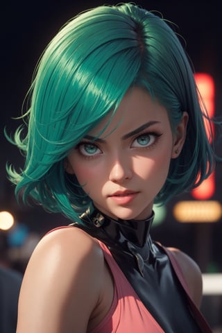masterpiece, best quality, (detailed background), (beautiful detailed face, beautiful detailed eyes), absurdres, highres, ultra detailed, masterpiece, best quality, detailed eyes, green_eyes, green hair, alluring, open mouth, neck bone, at the city, midnight, cyberpunk scene, neon lights, lightning, light particles, electric, dj theme, synthwave theme, (bokeh:1.1), depth of field, looking_at_viewer, pov_eye_contact, green hair, fair complexion, pink lips, kinki, frown, pouty, black thight dress, blushing, smirk, model posing