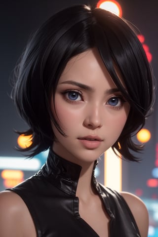 masterpiece, best quality, (detailed background), (beautiful detailed face, beautiful detailed eyes), absurdres, highres, ultra detailed, masterpiece, best quality, detailed eyes, blue_eyes, black hair, alluring, closed mouth, neck bone, at the city , midnight, cyberpunk scene, neon lights, lightning, light particles, electric, dj theme, synthwave theme, (bokeh:1.1), depth of field, looking_at_viewer, pov_eye_contact, black hair, fair complexion, pink lips, kinki, light skin, several strands of hair always hanging between her eyes, purple iris, wearing Shihakusho , bob haircut, smirk, upper body