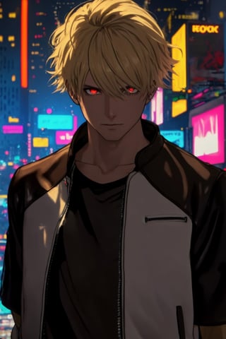 masterpiece, best quality, (detailed background), (beautiful detailed face, beautiful detailed eyes), absurdres, highres, ultra detailed, masterpiece, best quality, detailed eyes, 1 man, man, red_eyes, blonde hair, closed mouth, neck bone, at the city, midnight, cyberpunk scene, neon lights, lightning, light particles, electric, dj theme, synthwave theme, (bokeh:1.1), depth of field, looking_at_viewer, pov_eye_contact, red, black and white leather jacket, Under the jacket black t-shirt with short sleeves, fingerless_gloves, black leather pants and black shoes, serious, RockHoward