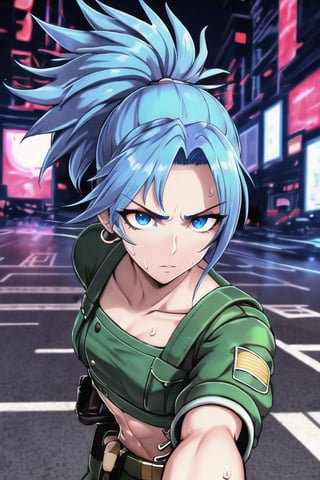 masterpiece, best quality, (detailed background), (beautiful detailed face, beautiful detailed eyes), absurdres, highres, ultra detailed, masterpiece, best quality, detailed eyes, solo, Leona, From King of Fighters, bright blue hair, long hair, Spiky pony tail, Green Cargo pants, black crop top, black gloves, in the city, midnight, neon lights, serious face, small waist, combat boots, sweating, perfect body, parted_lips, marked abs, upper_body