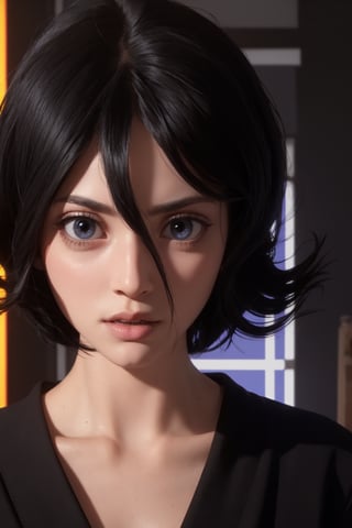 masterpiece, best quality, (detailed background), (beautiful detailed face, beautiful detailed eyes), absurdres, highres, ultra detailed, masterpiece, best quality, detailed eyes, blue_eyes, black hair, alluring, closed mouth, neck bone, at the japanese bed room, midnight, cyberpunk scene, neon lights, lightning, light particles, electric, dj theme, synthwave theme, (bokeh:1.1), depth of field, looking_at_viewer, pov_eye_contact, black hair, fair complexion, pink lips, kinki, light skin, several strands of hair always hanging between her eyes, purple iris, wearing Shihakusho is composed of a white shitagi, a black kosode, a black hakama, a white hakama-himo, white tabi and waraji, bob haircut, serious, frown, smirk, grabing a katana