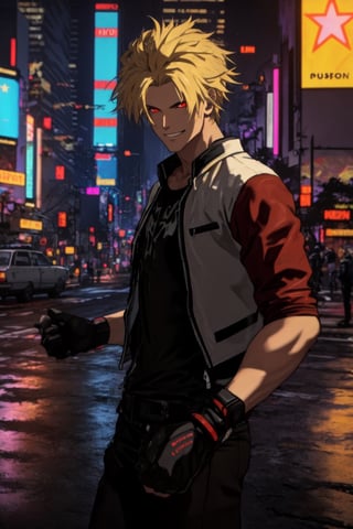 masterpiece, best quality, (detailed background), (beautiful detailed face, beautiful detailed eyes), absurdres, highres, ultra detailed, masterpiece, best quality, detailed eyes, 1 man, man, red_eyes, blonde hair, closed mouth, neck bone, at the city, midnight, cyberpunk scene, neon lights, lightning, light particles, electric, dj theme, synthwave theme, (bokeh:1.1), depth of field, looking_at_viewer, pov_eye_contact, red, black and white leather jacket with a star a the back, Under the jacket black t-shirt with short sleeves, fingerless_gloves, black leather pants and black shoes, serious, RockHoward, smirk, from behind, 1 hand on waist, full_body