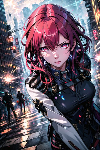 guiltys, angry, a girl, white eyes, red hair, fighting, upper body, (bokeh:1.1), depth of field, by Akihiko Yoshida, tracers, vfx, splashes, lightning, light particles, city background, masterpiece, best quality, (detailed background), (beautiful detailed face, beautiful detailed eyes), absurdres, highres, ultra detailed, masterpiece, best quality, detailed eyes, Kafka(hsr)