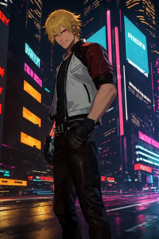 masterpiece, best quality, (detailed background), (beautiful detailed face, beautiful detailed eyes), absurdres, highres, ultra detailed, masterpiece, best quality, detailed eyes, 1 man, man, red_eyes, blonde hair, closed mouth, neck bone, at the city, midnight, cyberpunk scene, neon lights, lightning, light particles, electric, dj theme, synthwave theme, (bokeh:1.1), depth of field, looking_at_viewer, pov_eye_contact, red, black and white leather jacket with a star a the back, Under the jacket black t-shirt with short sleeves, fingerless_gloves, black leather pants and black shoes, serious, RockHoward, smirk, from behind, 1 hand on waist, full_body