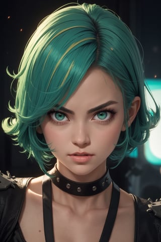 masterpiece, best quality, (detailed background), (beautiful detailed face, beautiful detailed eyes), absurdres, highres, ultra detailed, masterpiece, best quality, detailed eyes, green_eyes, green hair, alluring, open mouth, neck bone, at the bed room, midnight, cyberpunk scene, neon lights, lightning, light particles, electric, dj theme, synthwave theme, (bokeh:1.1), depth of field, looking_at_viewer, pov_eye_contact, green hair, fair complexion, pink lips, kinki, frown, pouty, black dress, blushing