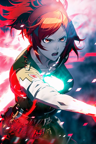 guiltys, angry, a girl, white eyes, red hair, fighting, upper body, (bokeh:1.1), depth of field, by Akihiko Yoshida, tracers, vfx, splashes, lightning, light particles, white background