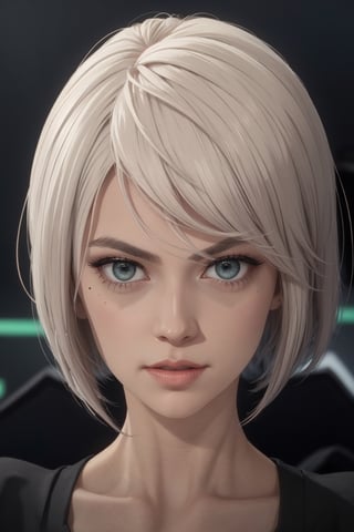 masterpiece, best quality, (detailed background), (beautiful detailed face, beautiful detailed eyes), absurdres, highres, ultra detailed, masterpiece, best quality, detailed eyes, grey-eyes, green hair, alluring, closed mouth, neck bone, at the bed room, midnight, cyberpunk scene, neon lights, lightning, light particles, electric, dj theme, synthwave theme, (bokeh:1.1), depth of field, looking_at_viewer, pov_eye_contact, silver hair, fair complexion, pink lips, kinki, light skin, grey iris, serious, frown, smirk, 2 type b, black dress, mole on the right part of her chin