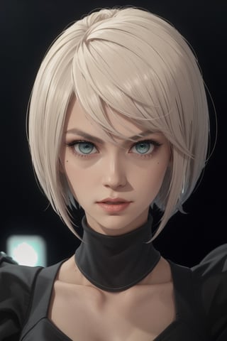 masterpiece, best quality, (detailed background), (beautiful detailed face, beautiful detailed eyes), absurdres, highres, ultra detailed, masterpiece, best quality, detailed eyes, grey-eyes, green hair, alluring, closed mouth, neck bone, at the bed room, midnight, cyberpunk scene, neon lights, lightning, light particles, electric, dj theme, synthwave theme, (bokeh:1.1), depth of field, looking_at_viewer, pov_eye_contact, green hair, fair complexion, pink lips, kinki, light skin, grey iris, serious, frown, smirk, 2 type b, black dress, mole on the right part of her chin