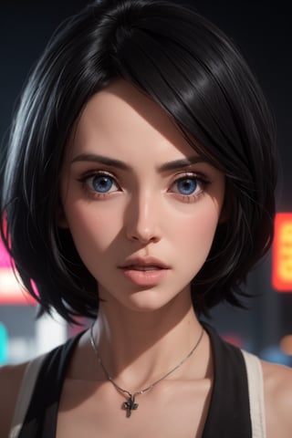 masterpiece, best quality, (detailed background), (beautiful detailed face, beautiful detailed eyes), absurdres, highres, ultra detailed, masterpiece, best quality, detailed eyes, blue_eyes, black hair, alluring, open mouth, neck bone, at the city , midnight, cyberpunk scene, neon lights, lightning, light particles, electric, dj theme, synthwave theme, (bokeh:1.1), depth of field, looking_at_viewer, pov_eye_contact, black hair, fair complexion, pink lips, kinki, light skin, several strands of hair always hanging between her eyes, purple iris, wearing  fingerless white tekkō