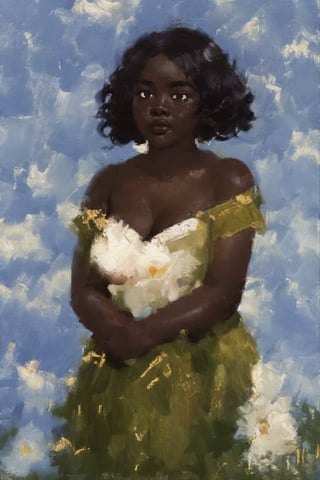long hair, big hair, very long hair, curly hair, ((looking at viewer)), pov: looking at viewer, blush,big_eyes, black_hair, dark skin, frilly white dress, dark-skinned female, FULL lips, portrait very darkskin, in a garden full of flowers, surrounded by flowers, ((Chubby)), black freckles, chubby_female, fat, flat_chested, plump,masterpiece,((Plump)),((Fat)),((Fat Rolls)), ((round face)), ((wide face, ((fat face)), ((chubby face)), oil painting, full lips, (bichu),Plump,Fat,Fat Rolls,rfdrss,tan,  STANDING, flowers in background, olive skin undertones, sudanese,Chubby, flowers falling from above,redriver, sad_face