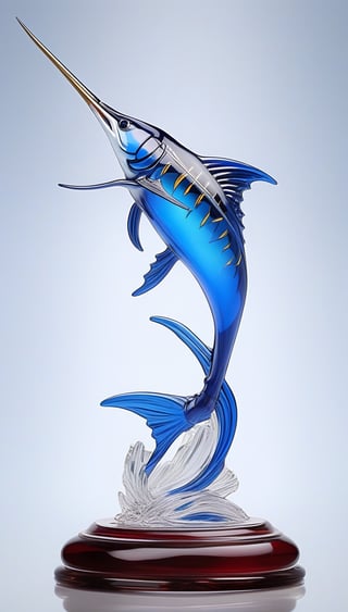 Generate an image of a sophisticated glass art rendition featuring  a marlin. The intricately crafted figurine stands elegantly on a desk, capturing the essence of high-end craftsmanship.Clear Glass Skin, marlin -themed , realistic glass style , (flag of venezuela at the base of the figure) , 8k hight defitition, 