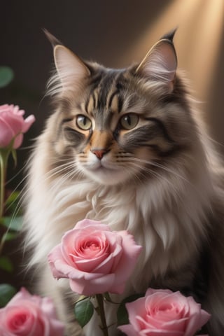 Hyperdetailed, RAW photography of an Norwegian forest cat sits in front of a pink rose and smells it dreamily, sunrays, colors, perfect lighting, shadows,Beautify, Epicrealism, intricate, detailed, 500px, promo shot,