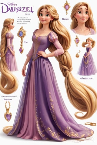 1girl, solo, long hair, Rapunzel  princess, ranfom color attire, head to toe, full body, simple background, blonde hair, long hair, white background, jewelry, ponytail, lyla dress, earrings, midriff, necklace, reference sheet, ,RapunzelWaifu